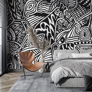 Sketchy Black White Wallpaper, Peel and Stick Wall Mural, Self Adhesive Geometric Design Wall Decal