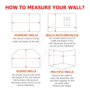 May include: Diagram showing how to measure a wall for installation. The diagram shows four different wall types: standard, with obstacles, sloped, and multiple walls. The diagram includes red lines to show where to measure the width and height of the wall.