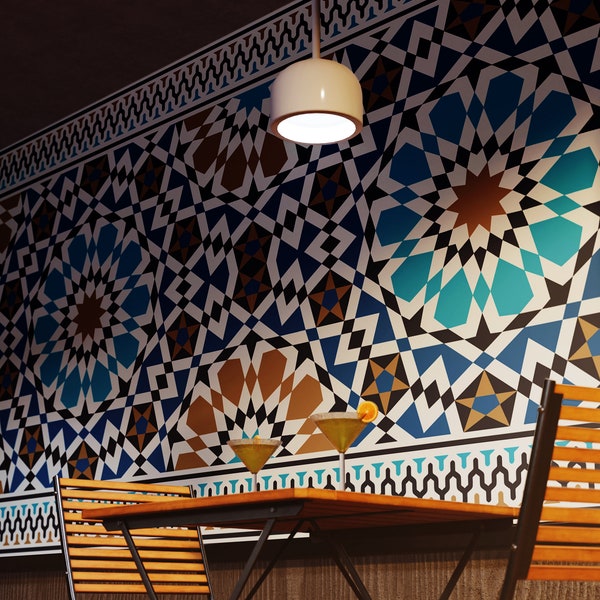 Papier peint bordure marocaine, décoration murale islamique arabe traditionnelle, décoration de mosquée auto-adhésive de conception ethnique