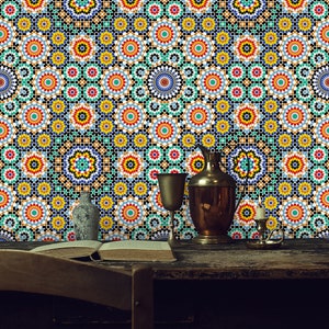 Carta da parati in stile marocchino con adesivo staccabile, murale tradizionale arabo islamico, design etnico autoadesivo