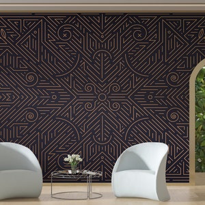 Leafy Linear Style Luxury Wallpaper, Peel Stick Geometric Golden Art Deco Wall Mural, Traditional Wallpaper