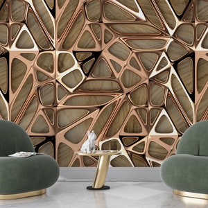Peel Stick Gold Cage on Wood with 3d Look Wallpaper, Gold Panel Wall Mural, Self Adhesive Gold Seperator Wall Decal