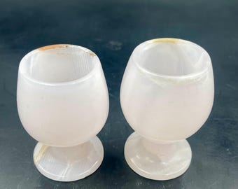 Pink Mangano Calcite Carved Glass Set, Handmade Pakistan Mineral Decor