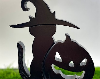 Handmade Serpentine Cat & Pumpkin Carving, Halloween Decor