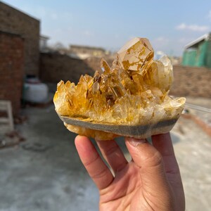 May include: A cluster of golden citrine crystals with a large, clear crystal on top. The crystals are arranged in a cluster and have a natural, rough texture.