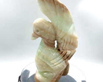 Handmade Caribbean Calcite Peacock Carving: Natural Stone Decor (4.2in)