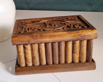 Hand Carved Walnut Secret Lock Box, Puzzle Box with Hidden Key