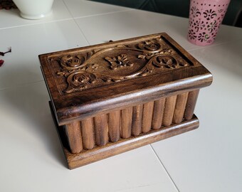 Hand-Carved Walnut Puzzle Box with Secret Key, Vintage Jewelry Box