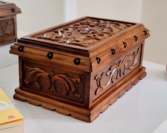 Handmade Walnut Treasure Chest, Carved Wooden Box, Locking Wooden Box, Cedar Chest, Large Secret Lock Jewelry Box With Key