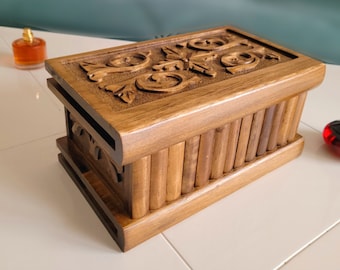 Large Carved Walnut Puzzle Box, Secret Jewelry Chest
