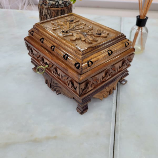 Jewelry Box Wooden For Women, Handmade  Memory Box, Vintage Jewelry Travel Case, Unique Walnut Secret Lock Box, Walnut Carved Jewelry Box