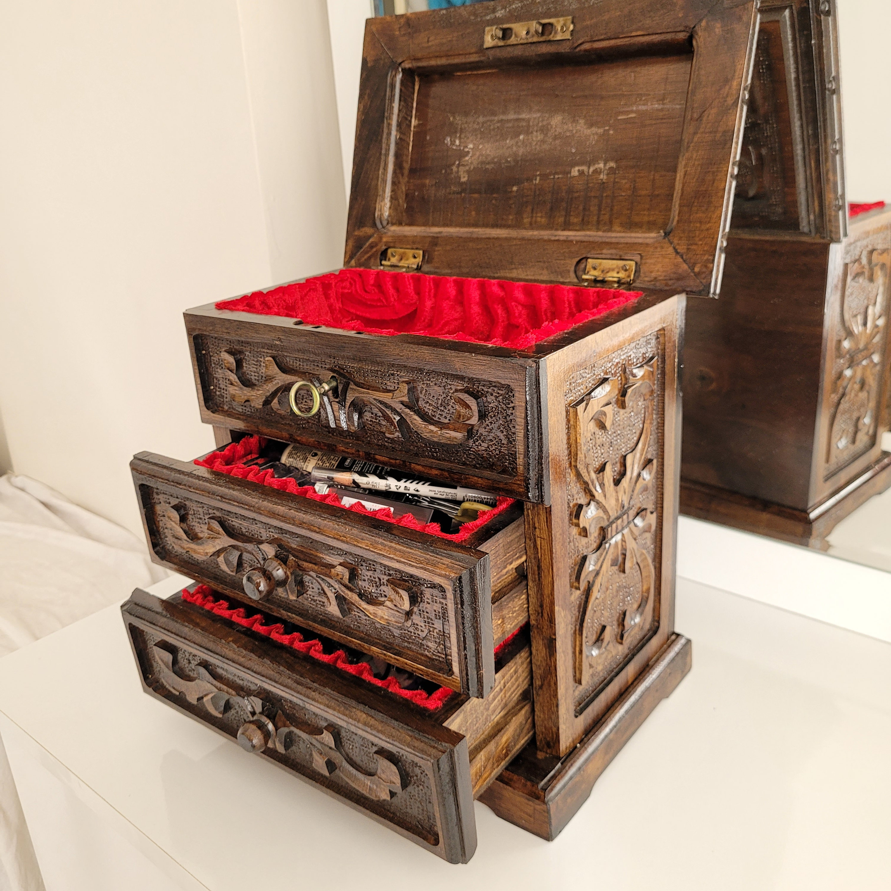 Walnut Carved Wooden Jewelry Box Locking Jewelry Box With Etsy