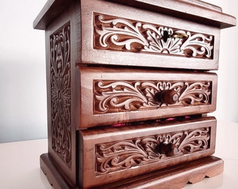 Walnut Wooden Carved Jewelry Storage Box with 2 Drawers, Jewelry Chest with Mirror, Decorative Jewelry Box for Women,