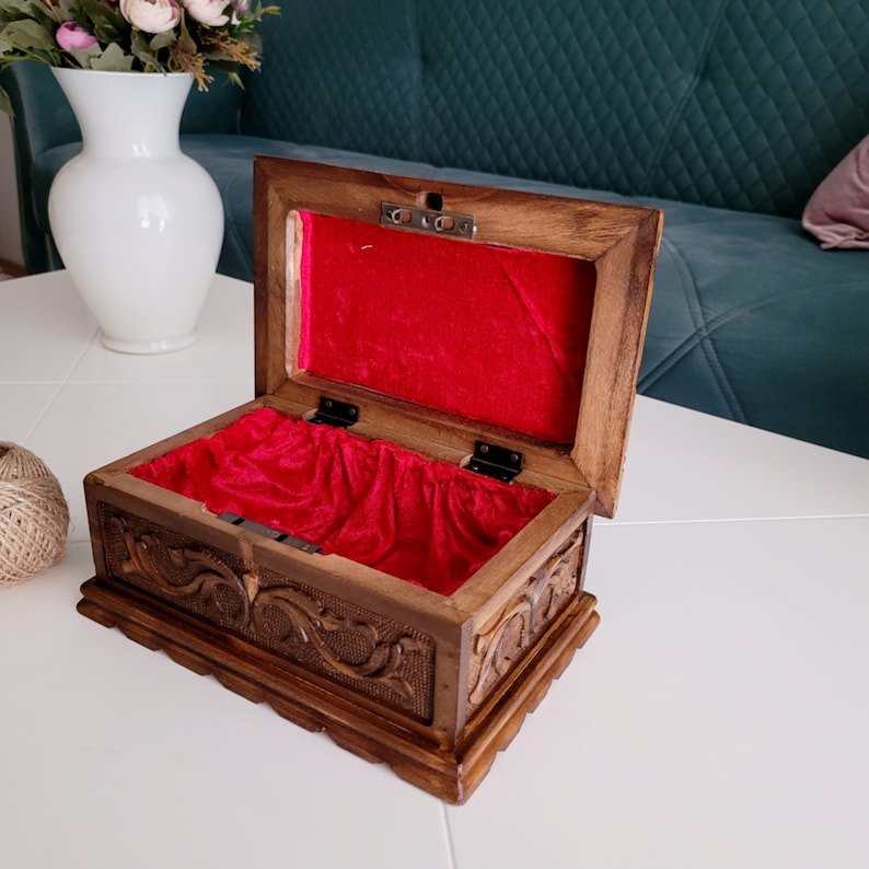 Walnut Treasure Chest, Carved Wooden Stash Box, Secret Lock Jewelry Box