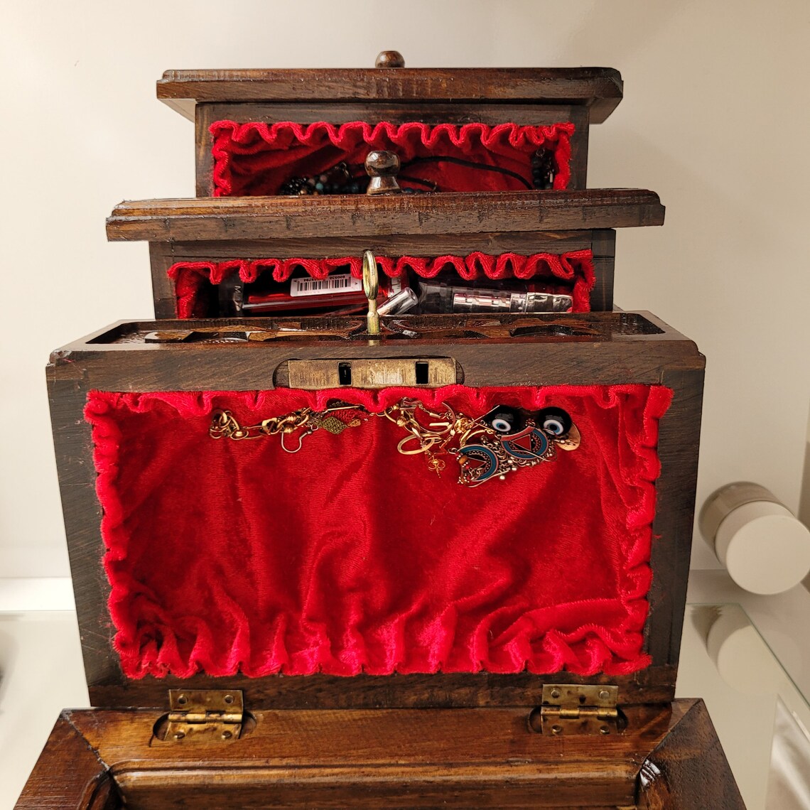 Walnut Carved Wooden Jewelry Box Locking Jewelry Box With Etsy