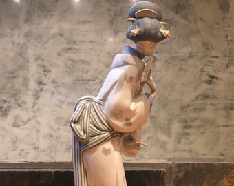 May include: A porcelain figurine of a woman in a white and blue kimono holding a fan. The figurine is standing on a round base with a gold trim.