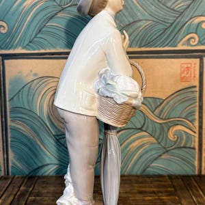 May include: A porcelain figurine of a person wearing a light-coloured jacket, trousers, and a hat. The figure holds a woven basket filled with white items and carries a closed umbrella. The sculpture is finished in a glossy glaze with soft tones.