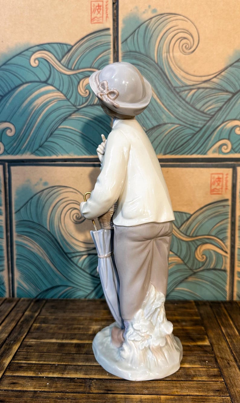 May include: A porcelain figurine of a person wearing a light-coloured hat with a bow, a white collared shirt, and light brown trousers. The figure holds a closed light blue umbrella and stands on a base with sculpted leaf-like details.