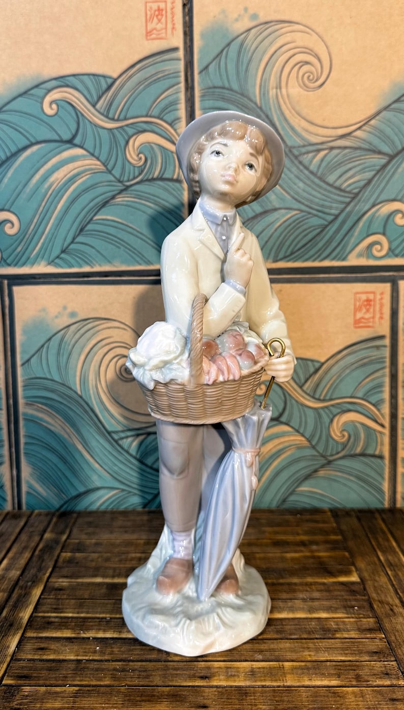 May include: A porcelain figurine of a person wearing a hat, a light-coloured jacket, and trousers, holding a woven basket filled with produce. The figure stands on a base and holds a closed, light blue umbrella in one hand, with a finger raised.