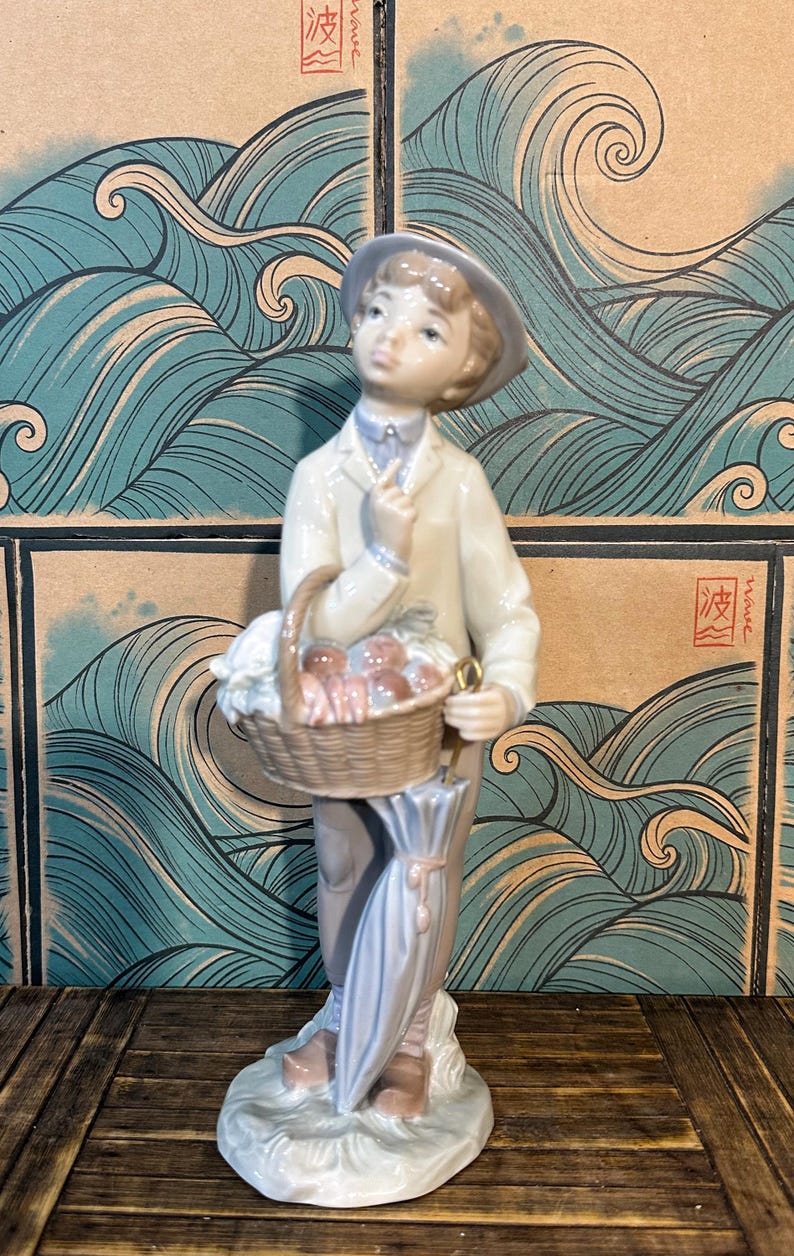 May include: A porcelain figurine of a person wearing a hat and light-coloured clothing, holding a woven basket filled with round objects. The figure stands on a textured base and holds a closed, light blue umbrella in one hand, with a finger raised near the chin.
