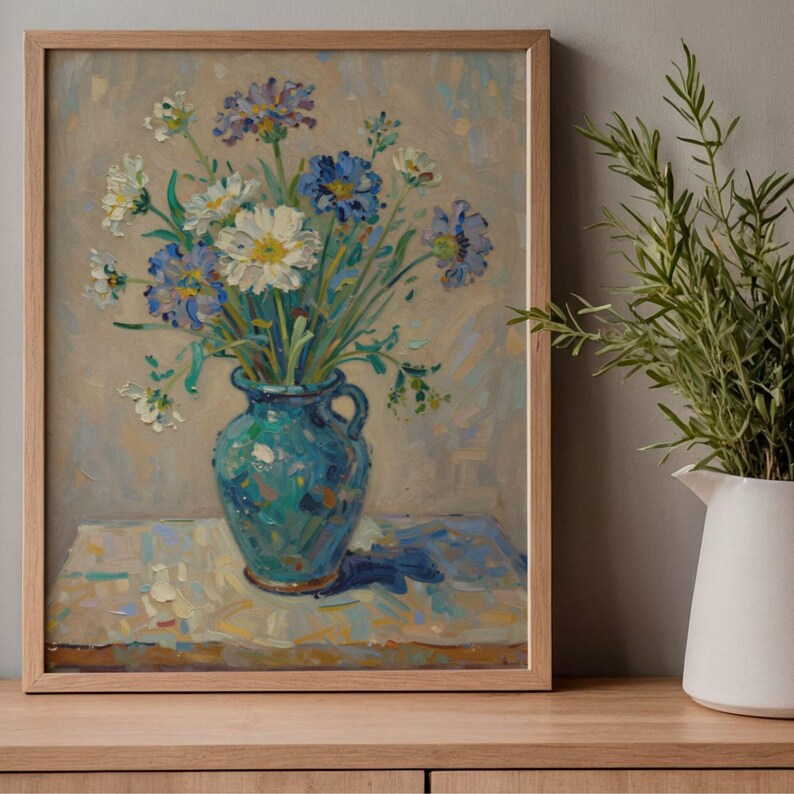 Wildflowers in Vase Oil Painting Art Print | Turquoise Floral Still ...