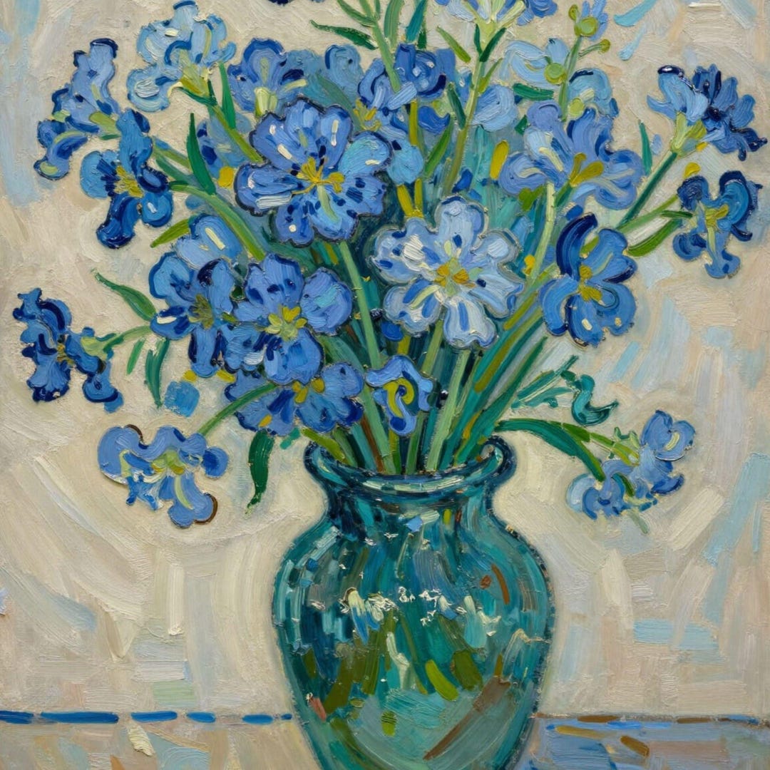 Botanical Blue Flowers in Vase | Oil Painting Art Print | Still Life ...