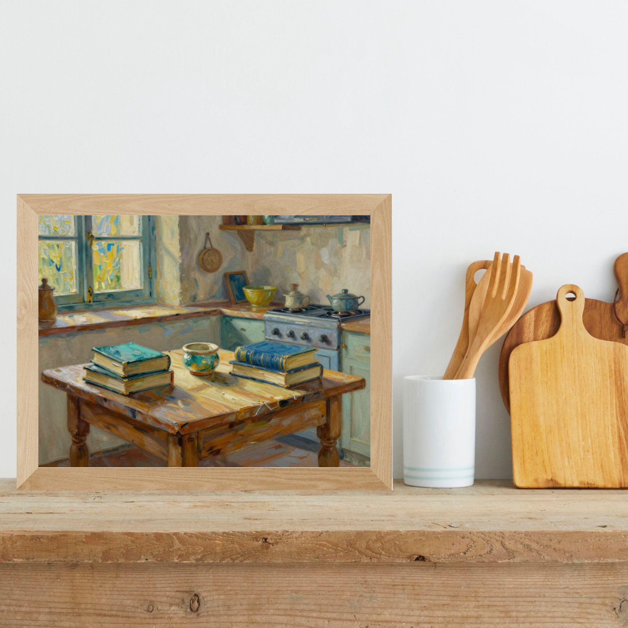 boho farmhouse kitchen decor paintings prints |... Cozy Farmhouse Kitchen Oil Painting Print | Printable Wall Art, Still ...