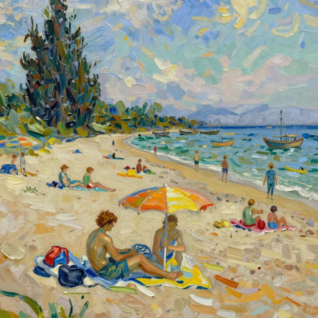 Coastal Beach Oil Painting Print | Vintage Wall Art | People on Beach ...