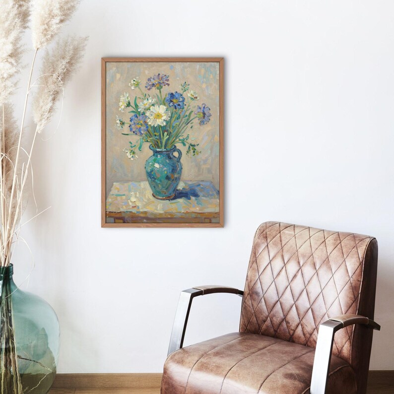 Wildflowers in Vase Oil Painting Art Print | Turquoise Floral Still ...
