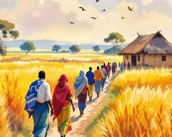 Tanzania Field and People walking home Landscape Art Print: Africa Nature Art (Digital Download)