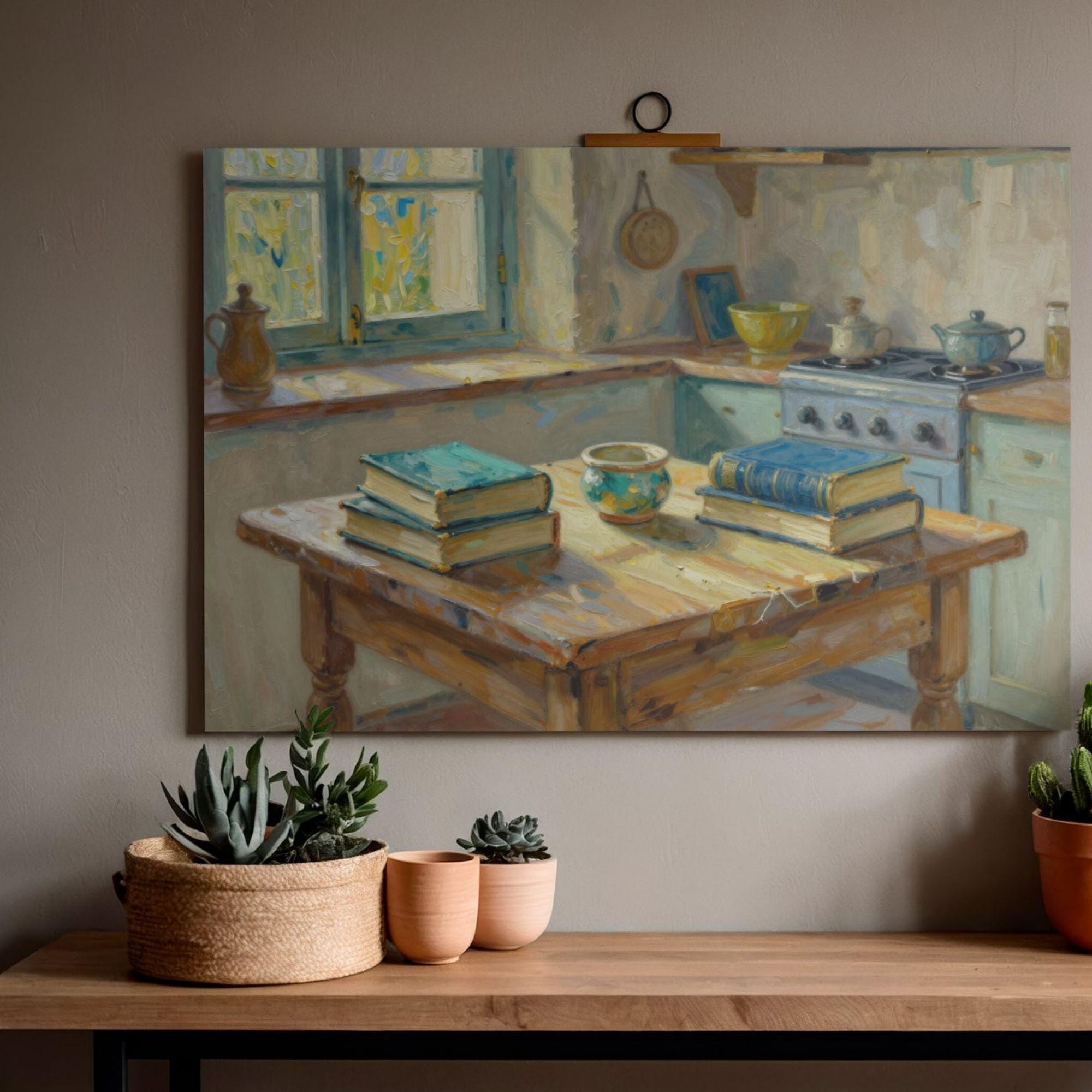 boho farmhouse kitchen decor paintings prints |... Cozy Farmhouse Kitchen Oil Painting Print | Printable Wall Art, Still ...
