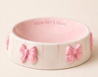 Personalized Pink Bow Ceramic Cat Bowl, Handmade Coquette Pet Dish, Kawaii Cat Lover Gift