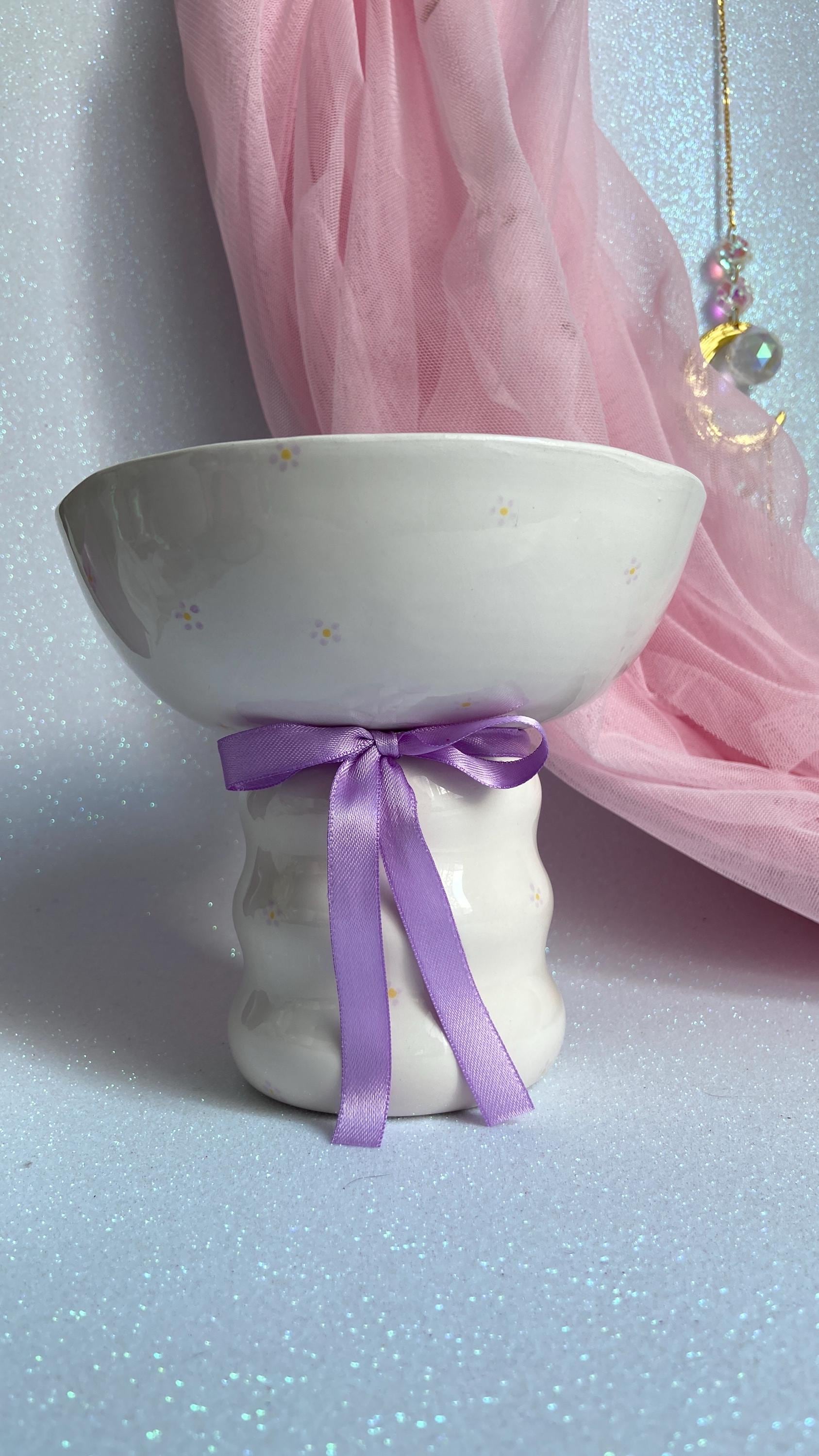 Lilac Flower Pet Bowl - Handmade Ceramic Cat Or Dog Dish Cottagecore Elevated Food Customizable Floral Gift For Lovers | 12 Oz
