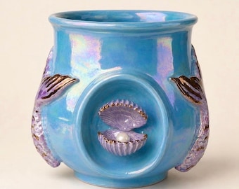 Personalized Blue Iridescent Mermaid Ceramic Cup with Real Gold, Optional Handle, Pearl Shell Ocean Gift– 10.7 oz