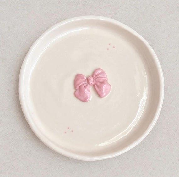 Personalized Handmade Ceramic Bow Jewelry Dish, Ivory Pink Coquette Ring Tray, 6.3 Inch