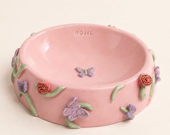 Personalized Floral Ceramic Pet Bowl, Handmade Butterfly Rose Dish, Cat Dog Gift