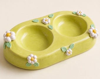 Personalized Handmade Ceramic Double Pet Bowl, Lime Green Daisy Cat and Small Dog Feeder