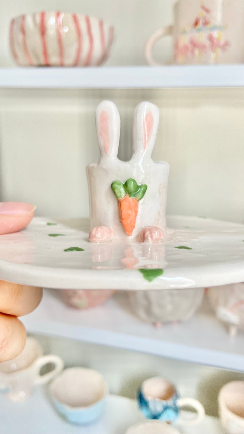 Personalized Bunny Candlestick Holder Custom Handmade Candle Holder Ceramic Cute Bunny with Carrot Animal Green Heart Shapes unique gifts image 1