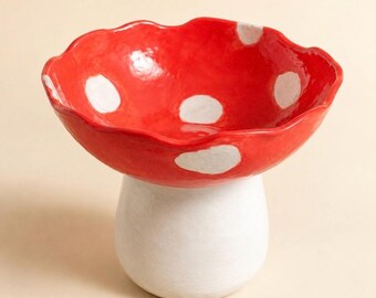 Personalized Mushroom Pet Bowl, Elevated Ceramic Cat & Dog Dish, Cottagecore Feeder, 12 oz