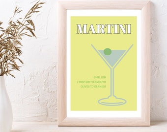 Martini Cocktail Print for your kitchen or Bar, available in A4 A3 and A2 & printed on high quality paper, this also comes in a set of 3/6