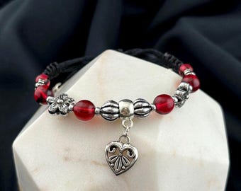 Handmade Gothic Heart Charm Bracelet, Red Glass Beads, Valentines Gift