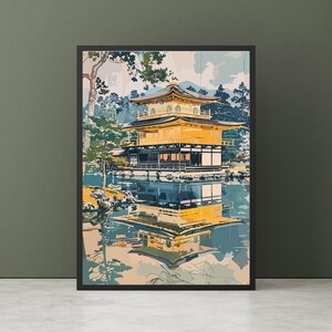 Golden Pavilion Kinkaku-ji Temple - Kyoto temple print, Vintage Japanese Woodblock, Ukiyo-E Wall Art, Pavilion Poster, Oriental Decor.