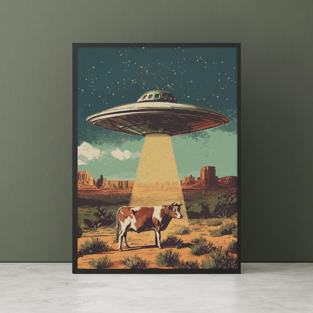 UFO and Cow Wall Art - Retro Wall Decor, Sci Fi UFO Poster, Alien ...