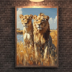 Art mural lion et lionne - impression lion et lionne dans la savane, art mural couples, impression savane, art mural chambre à coucher, décoration murale africaine
