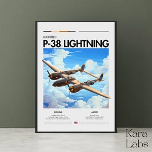 Peut inclure: Une affiche encadrée illustrant un avion Lockheed P-38 Lightning sur un ciel bleu avec des nuages blancs. Le texte comprend le nom de l'avion, des sections sur les origines et des informations historiques, ainsi qu'une petite icône de drapeau américain.