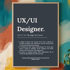 May include: A framed wall art print featuring a dark gray background with white text defining the term UX/UI Designer. The text includes a phonetic pronunciation, a noun classification, and three humorous numbered descriptions of the profession.