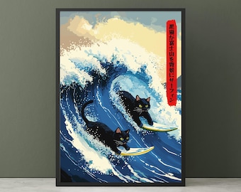 サーフィンする黒猫 - 神奈川沖浪裏、葛飾北斎風プリント、Japandi