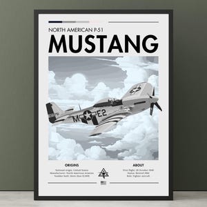 North American P-51 Mustang Print-Black and White,WWII Aviation Art,Korean War,Royal Airforce,White Clouds,Fighter Jet Poster Wall Art