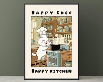 Happy Cat Poster, Happy Chef Happy Kitchen,Cat Print, Funny Cat Wall Art, Chef Cat Print,Pet Lover Art,Kitchen Wall Art,Cat Lover Gift