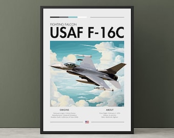 Puede incluir: Un póster enmarcado que muestra un avión de combate USAF F-16C Fighting Falcon en vuelo contra un cielo azul con nubes. El póster incluye texto que detalla los orígenes y especificaciones de la aeronave, incluyendo el número construido.